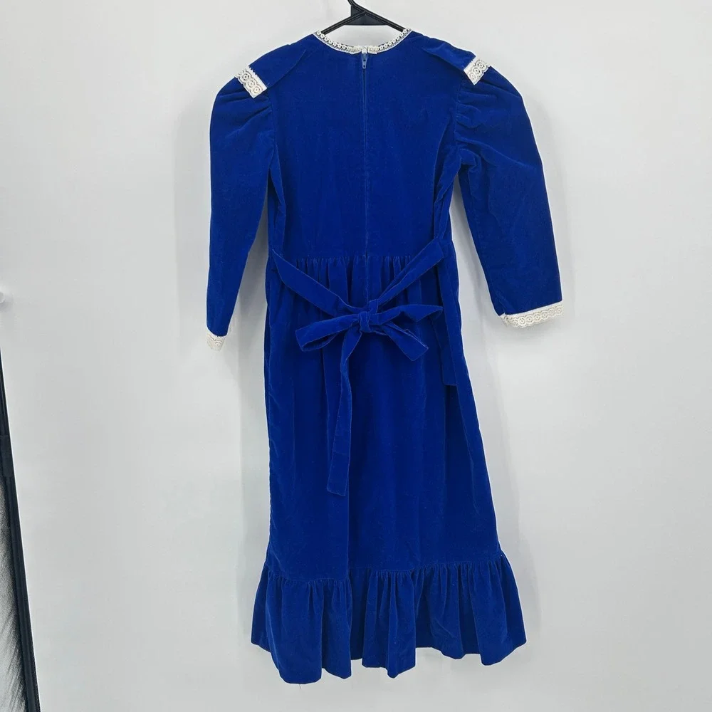 Vintage Prairie Velvet Lace Ruffle Dress Girls 10-12 Blue Cottagecore Holiday